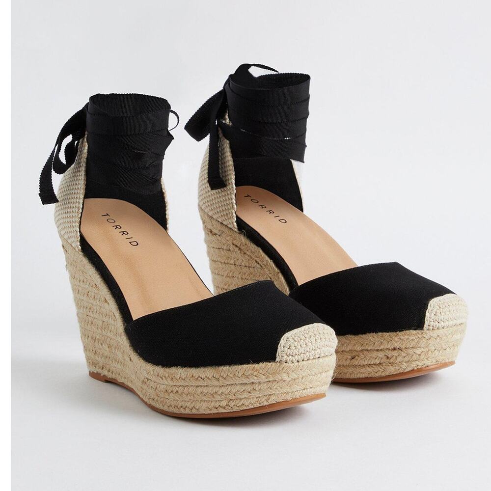 New Torrid 9WW 9 Wide Sexy Black Platform Espadrille Canvas Wedge‎ 4" Heel Shoes